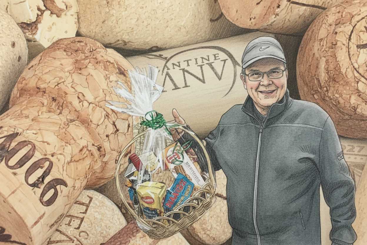 Tegning af mand med gavekurv og vinkork